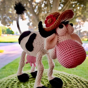 Handmade Crochet Cow with Hat – Farm Animal Plush – Cute Country Decor – Ready to Ship Gift