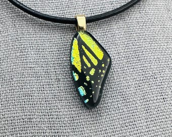 Dichroic Glass Butterfly Wing Pendant: Gold & Blue-Green Fused Jewelry