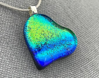 Dichroic Glass Pendant, Fused Glass Pendant, Heart Pendant, Bright Green, Gold, Blue, Silver Plated Heart Bail, Gift for her