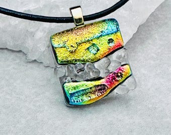 Dichroic Fused Glass Pendant: Gold, Green, Turquoise Glass Jewelry