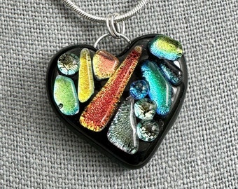Dichroic Glass Heart Pendant: Sterling Silver Bail, Fused Glass Jewelry