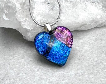 Dichroic Glass Pendant, Heart Shaped Pendant, Fused Glass Pendant, Blue, Magenta Pink, Silver Plated Heart Bail, Gift for her