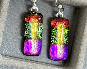 Dichroic Earrings, Dichroic Drop Earrings, Sterling Silver Earrings, Gift for Mom, Dichroic Jewelry