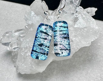 Silver Blue Dichroic Earrings, Dichroic Drop Earrings, Fused Glass Earrings, Sterling Silver Earrings, Gift for Mom, Dichroic Jewelry