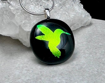 Dichroic Glass Pendant, Blue, Green, Silver, Dichroic Hummingbird, Glass Pendant, Dichroic Jewelry, Bird Lover Gift