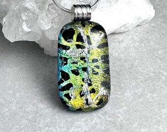 Dichroic Glass Pendant, Fused Glass Pendant, Etched Dichroic Glass Pendant, Fused Glass Jewelry, Silver Plated Tube Bail, Gift for Mom