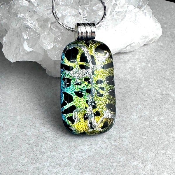 Dichroic Glass Pendant, Fused Glass Pendant, Etched Dichroic Glass Pendant, Fused Glass Jewelry, Silver Plated Tube Bail, Gift for Mom