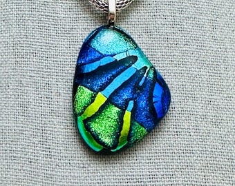 Blue Green Dichroic Glass Pendant: Fused Glass Jewelry, OOAK Gift