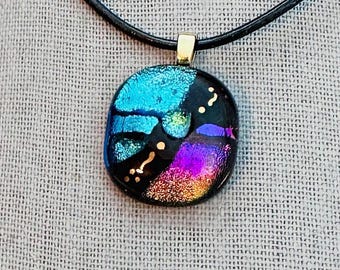 Dichroic Glass Pendant: Purple, Turquoise & Gold Lustre - Fused Glass Jewelry