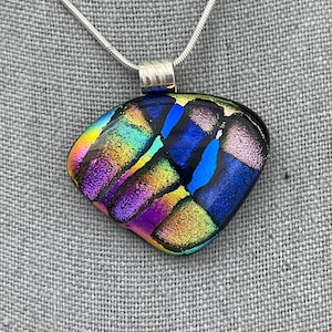 Dichroic Glass Pendant, Fused Glass Pendant, Rainbow Colors, Fan Shaped, Silver Plated Wavy Tube Bail, Gift for her