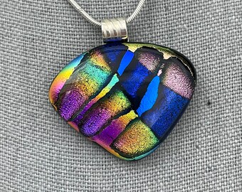 Dichroic Glass Pendant, Fused Glass Pendant, Rainbow Colors, Fan Shaped, Silver Plated Wavy Tube Bail, Gift for her
