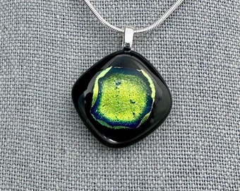 Dichroic Glass Pendant, Fused Glass Pendant, Gold, Green, Shimmer, Dichroic Jewelry, Silver Plated Leaf Bail, Gift for her