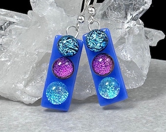 Blue and Purple Dichroic Earrings, Dichroic Drop Earrings, Fused Glass Earrings, Sterling Silver Earrings, Gift for Mom, Dichroic Jewelry