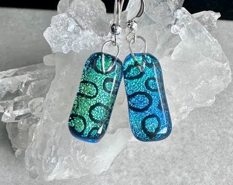 Blue Green Dichroic Earrings, Dichroic Drop Earrings, Fused Glass Earrings, Sterling Silver Earrings, Gift for Mom, Dichroic Jewelry