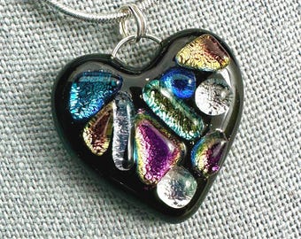 Dichroic Glass Heart Pendant: Sterling Silver Bail, Fused Glass Jewelry