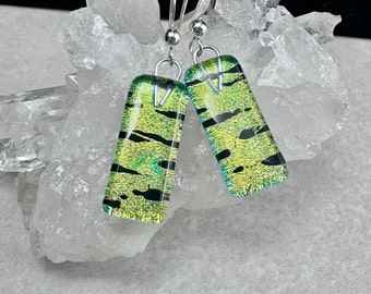 Gold Green Dichroic Earrings, Dichroic Drop Earrings, Fused Glass Earrings, Sterling Silver Earrings, Gift for Mom, Dichroic Jewelry