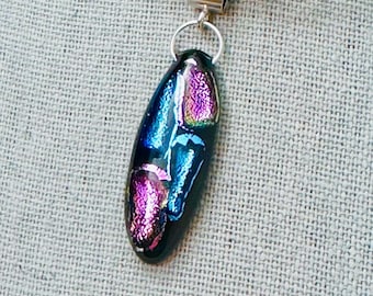 Dichroic Fused Glass Pendant: Sterling Silver, Silver Blue & Pink, OOAK