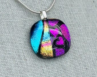 Mosaic Dichroic Glass Pendant: Fused Glass Jewelry, Magenta Hearts, Turquoise Blue