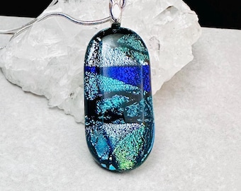 Blue Dichroic Glass Mosaic Pendant: Fused Glass Jewelry, OOAK Gift