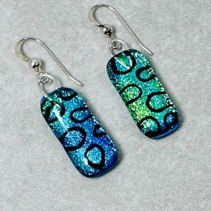 Blue Green Dichroic Earrings, Dichroic Drop Earrings, Fused Glass Earrings, Sterling Silver Earrings, Gift for Mom, Dichroic Jewelry