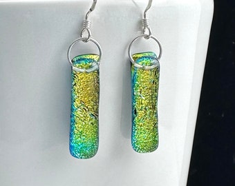 Gold Green Dichroic Earrings, Dichroic Drop Earrings, Fused Glass Earrings, Sterling Silver Earrings, Gift for Mom, Dichroic Jewelry