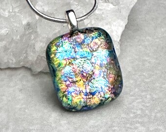 Ice Blue and Gold Dichroic Glass Pendant, Fused Glass Pendant, Dichroic Jewelry, Fused Glass Jewelry, OOAK, Gift for her