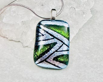 Dichroic Glass Pendant: Silver & Green Fused Glass Jewelry