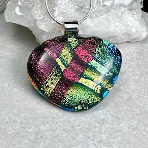 Dichroic Glass Pendant, Fused Glass Pendant, Red, Green, Gold, Fan Shaped, Silver Plated Tube Bail, Gift for her