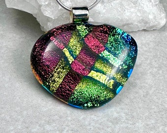 Dichroic Glass Pendant, Fused Glass Pendant, Red, Green, Gold, Fan Shaped, Silver Plated Tube Bail, Gift for her