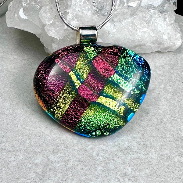 Dichroic Glass Pendant, Fused Glass Pendant, Red, Green, Gold, Fan Shaped, Silver Plated Tube Bail, Gift for her