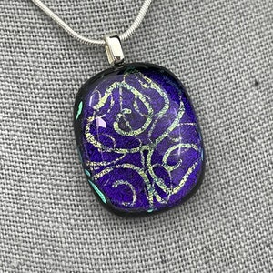 Dichroic Glass Pendant, Purple Dichroic Pendant, Gold Swirl, Dichroic Jewelry, Fused Glass Pendant, Gift for her, Silver Plated Leaf Bail