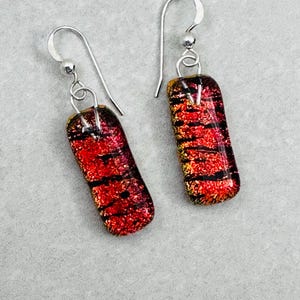 Red Orange Dichroic Earrings, Dichroic Drop Earrings, Fused Glass Earrings, Sterling Silver Earrings, Gift for Mom, Dichroic Jewelry