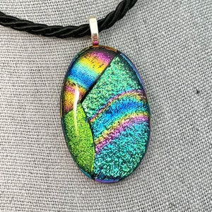Dichroic Glass Pendant, Fused Glass Pendant, Turquoise, Green, Rainbow, Oval Shaped, Green Pendant,  Gift for her