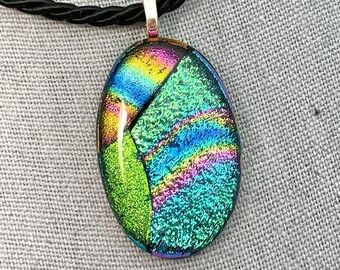Dichroic Glass Pendant, Fused Glass Pendant, Turquoise, Green, Rainbow, Oval Shaped, Green Pendant,  Gift for her