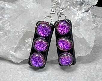 Violet Purple Dichroic Earrings, Dichroic Drop Earrings, Fused Glass Earrings, Sterling Silver Earrings, Gift for Mom, Dichroic Jewelry