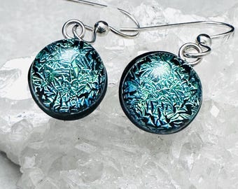 Silver Green Dichroic Glass Drop Earrings: Sterling Silver, Fused Jewelry
