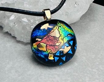 Blue & Gold Dichroic Glass Pendant: Fused Glass Jewelry