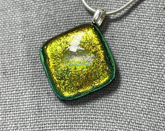 Dichroic Glass Pendant, Gold Sparkle, Fused Glass Pendant, Gift for her, Dichroic Jewelry, Silver Plated Leaf Bail