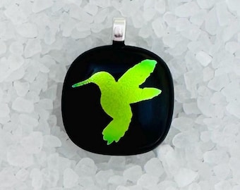 Dichroic Glass Hummingbird Pendant: Vibrant Gold Bird Jewelry