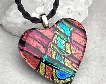 Red and Blue Heart Shaped Dichroic Glass Pendant, Fused Glass Pendant, Dichroic Jewelry, Fused Glass Jewelry, OOAK, Gift for her