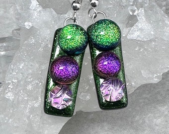 Green Dichroic Earrings, Dichroic Drop Earrings, Fused Glass Earrings, Sterling Silver Earrings, Gift for Mom, Dichroic Jewelry