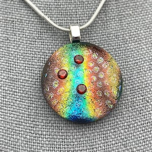 Fused Glass Pendant, Dichroic Glass Pendant, Red, Blue, Green,  Dichroic, Red Cubic Zirconia. Silver Plated Heart Bail, Gift for her