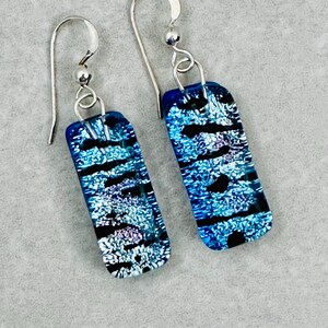 Silver Blue Dichroic Earrings, Dichroic Drop Earrings, Fused Glass Earrings, Sterling Silver Earrings, Gift for Mom, Dichroic Jewelry
