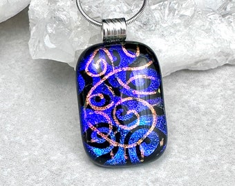 Dichroic Glass Pendant, Fused Glass Pendant, Etched Dichroic Glass Pendant, Fused Glass Jewelry, Silver Plated Tube Bail, Gift for Mom