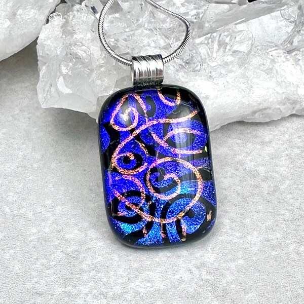 Dichroic Glass Pendant, Fused Glass Pendant, Etched Dichroic Glass Pendant, Fused Glass Jewelry, Silver Plated Tube Bail, Gift for Mom