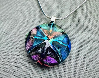 Dichroic Glass Starburst Pendant: Fused Mosaic Heart Bail