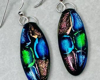 Dichroic Fused Glass Earrings: Glossy Green, Blue, Gold, Unique Drop Earrings