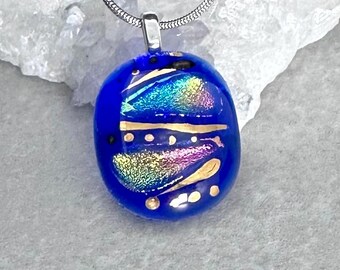 Dichroic Glass Pendant, Fused Glass Jewelry, Unique Pendant, Blue Dichroic, Gold Pendant, Gift for her