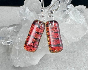 Red Orange Dichroic Earrings, Dichroic Drop Earrings, Fused Glass Earrings, Sterling Silver Earrings, Gift for Mom, Dichroic Jewelry