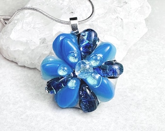 Blue Floral Dichroic Glass Pendant: Fused Glass Jewelry Gift